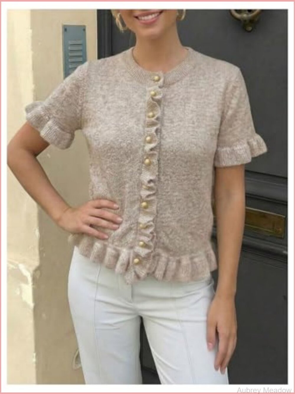 Short Sleeve Cropped Ruffle Cardigan Sweater Women's Dressy Lightweight Knit Top - Picture 5 of 6